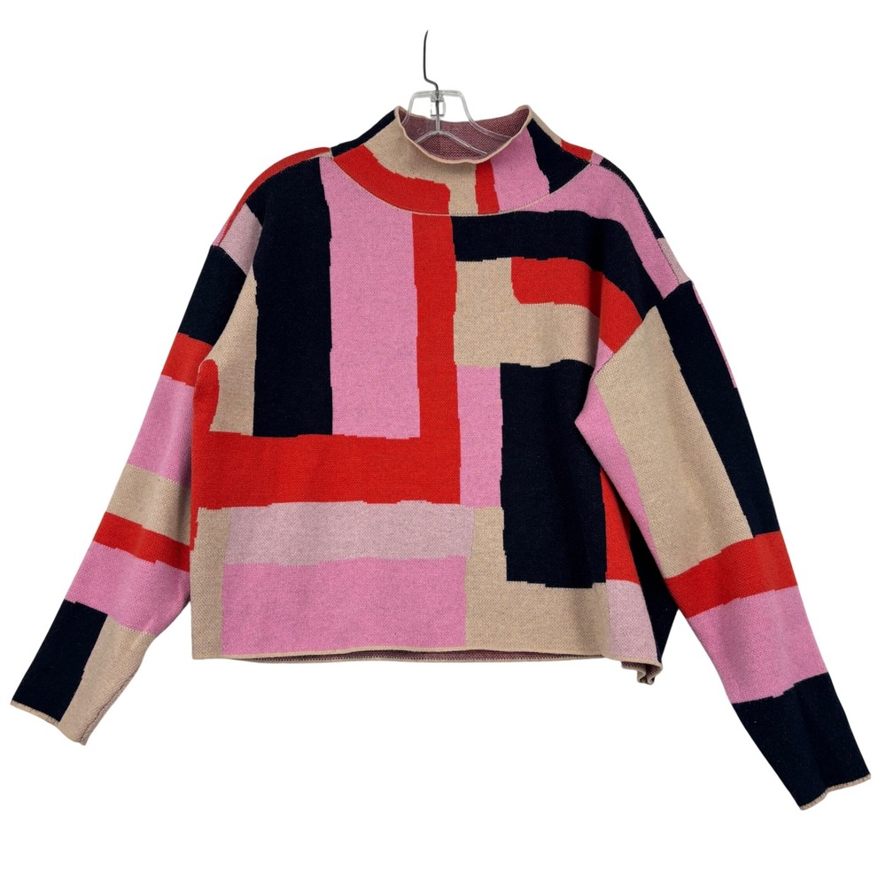 Maeve by Anthropologie Colorblock Sweater Size S Pink Red Geometric Mock Neck